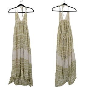 Free People Womens Boho Maxi Dress Halter Open Back Tiered Sz XS Green Cotton